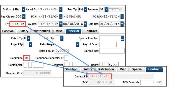 HRPYPA page with Special tab selected along with insert of the same page with Contract tab selected