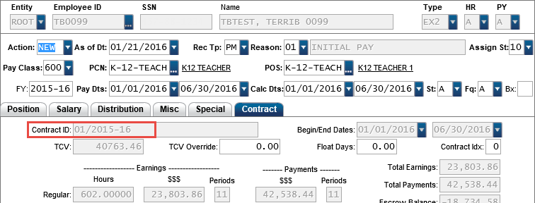 HRPYPA page with Contract tab selected