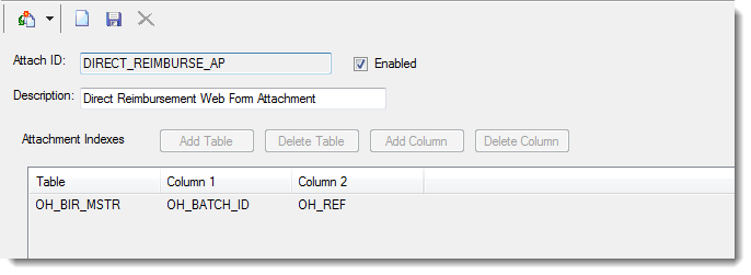 DIRECT_REIMBURSE (AP Batch) Add a second column for the DIRECT REIMBURSE attachment definition. Follow the same steps as above and click the Add Column button to add OH_REF. Opens image in full screenOpen  .png